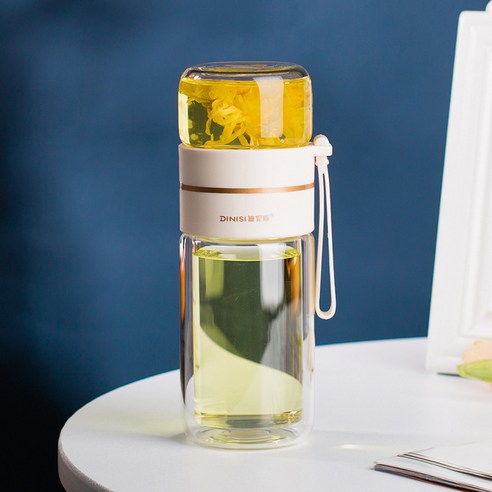 선물 더블 내열 컵 ins풍 귀엽다 창의 투명 파우더 보온 컵 차 물 분리 유리컵, 400-450ml, 화이트400ml