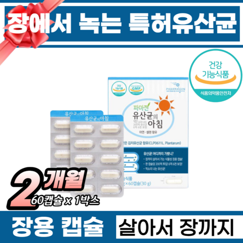 장건강 식물성캡슐 아침에 편한 유산균 장에서 녹는 김치유래 유산균 프로바이오틱스 특허유산균 프리바이오틱스 장용성 장정착 장밀착 장까지 살아가는 코팅 유산균 추천 60캡슐, 1박스, 60정