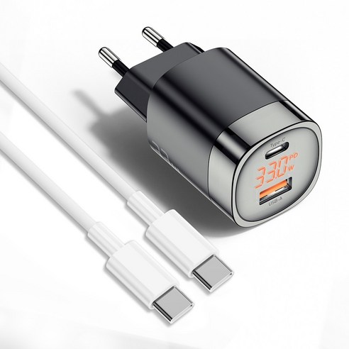 Essager GaN 33W 고출력 USB-PD PPS C타입 초고속 충전 어댑터 + C to C 100W 초고속 충전 케이블, 블랙+1M 세트
