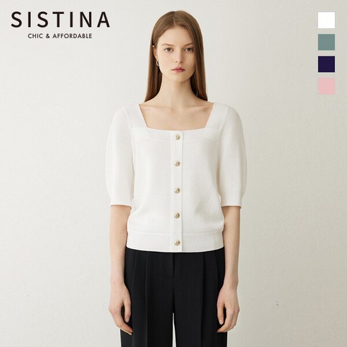 SISTINA 버튼 퍼프 스퀘어넥 니트ASKPON21010, 오프화이트
