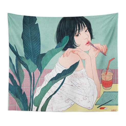 DIRUN 배경 패브릭 침실 배경 벽 손그림 배경 포조 ins 걸다 베 침대 머리 떨다 음 방 배치 벽걸이 담요 기숙사 임대 주택 개조 벽보 그림, 청신한 소녀
