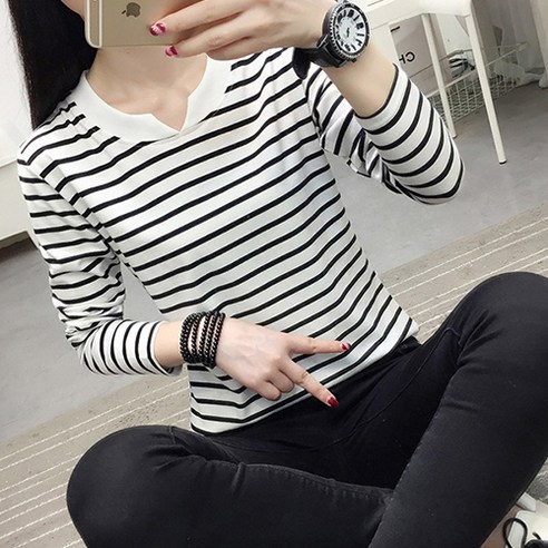 가을 스타일링을 완성하는 데일로엔 여성용 면 스트라이프 티셔츠