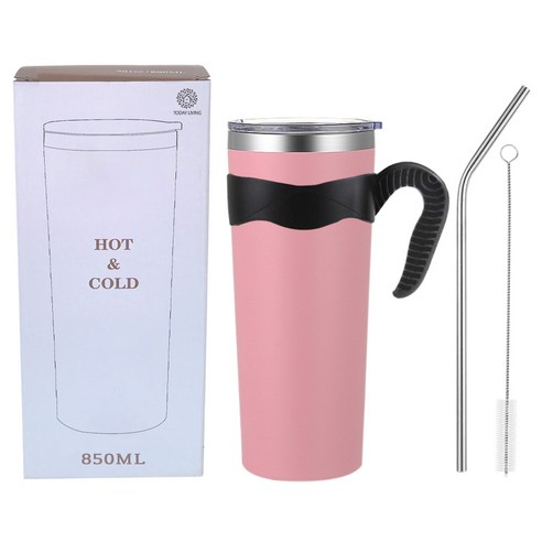 대용량 텀블러 850ml + 손잡이 + 스텐 빨대 + 세척솔 세트 보온 보냉 스텐 물병 보온병 보냉병 핸들 냉텀블러 리유저블 아이스 콜드컵 휴대용, 1세트, R99866P(핑크