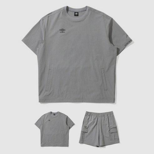 [백화점]엄브로 나일론 스판 N-SPAN 반팔 피스테 반바지 세트 셋업 트레이닝복 그레이카키