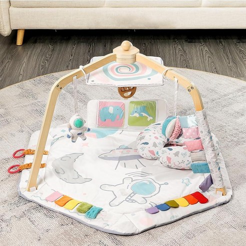 Woodtoe Baby Play Gym 목재 아기 체육관 몬테소리 터미 타임 놀이 매트 천연 나무 다리 조기 발달 활동 체육관 유아부터 유아를 위한 신생아 선물 0-12개