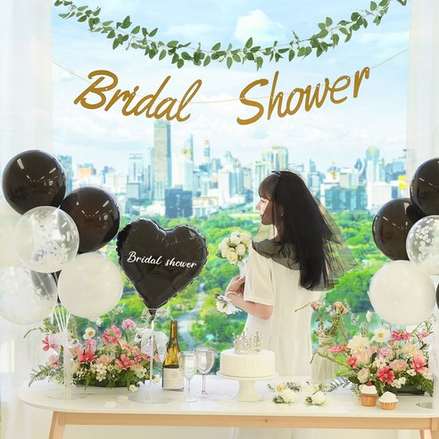 메리파티 브라이덜샤워 소품 풍선 세트 3인 4인 올인원 파티, 풍선_블랙+면사포_블랙, 1세트, 가랜드_실버