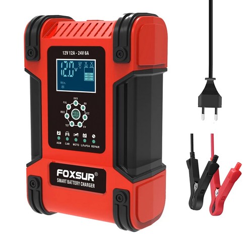 FOXSUR 3세대 7단계 자동 배터리충전기 펄스복원 12V12A 24V6A 오토바이 자동차 배터리 충전기, 12V12A-24V6A, 노란색*1, 1개
