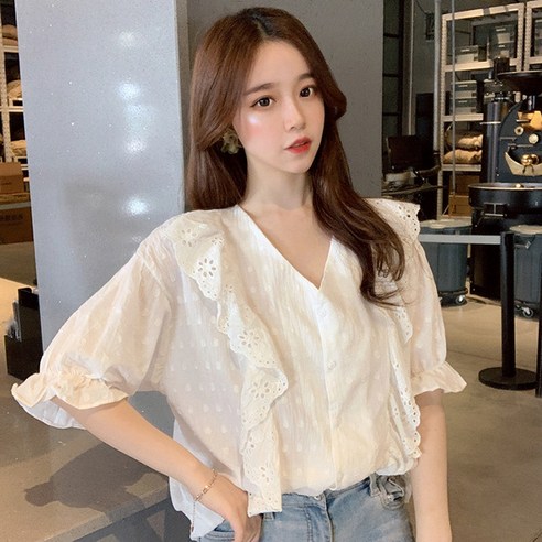 KORELAN 브이넥 반팔 셔츠 캐주얼 블라우스
