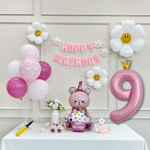 연지마켓 데이지 곰돌이 생일 파티 숫자 풍선 가랜드 세트, 9, 1세트, 베어 핑크 9