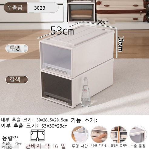 옷 수납함 플라스틱 서랍식 수납함 투명 데스크톱 거실 옷장 보관함 수납장 정리함, 투명한 모양, [3023] 깊이 53* 너비 30* 높이 23cm