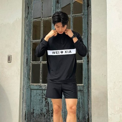 루즈핏 반집업 블랙 래쉬가드 세트 여성용 M~2XL 남성용 L~2XL, 남자 블랙 L(95~100)