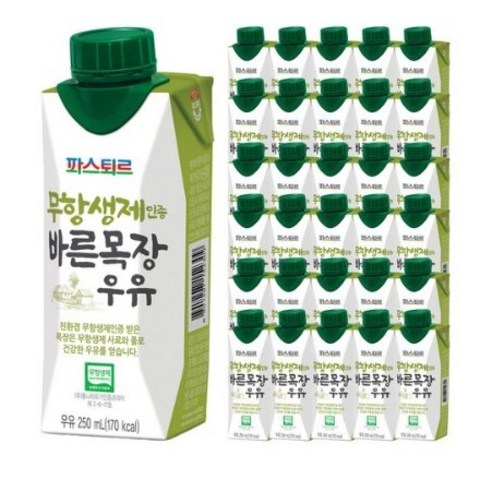 파스퇴르 무항생제 인증 바른목장 우유, 18개, 250ml