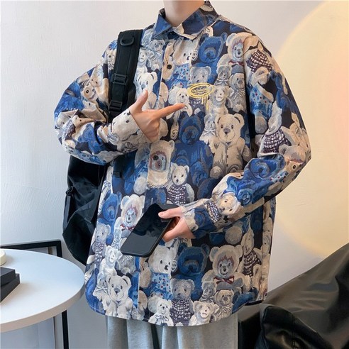 만화 전체 인쇄 셔츠 남성용 긴팔 디자인 감각 홍콩 스타일 셔츠 인 조수 브랜드 잘 생긴 하라주쿠 캐주얼 재킷
