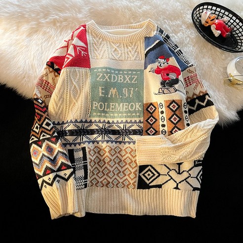 DFMEI 컬러 매칭 스웨터 남성 겨울 패션 브랜드 양털 안감 커플 스웨터 게으른 바람 스웨터 코트