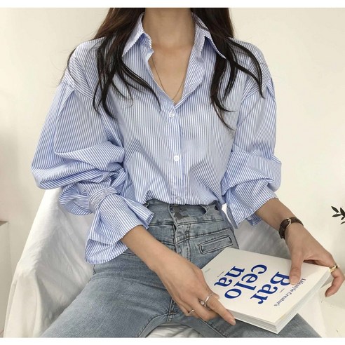 여성 스트라이프 어깨 퍼프 데일리 셔츠 블라우스