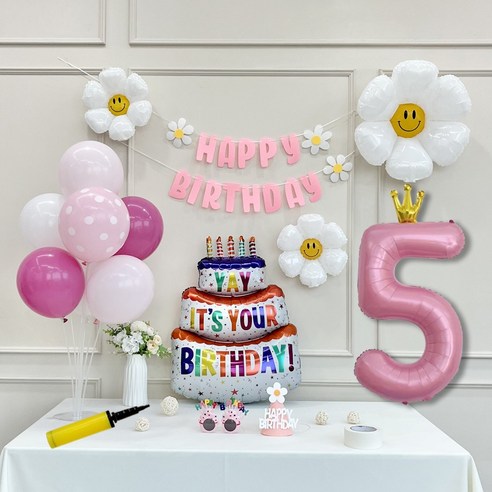 연지마켓 생일 파티 케이크 데이지 왕관 숫자 풍선 가랜드 세트, 1세트, 케이크 핑크B 5