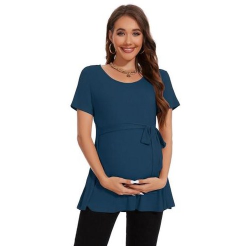 Smallshow Womens Maternity Shirts Tie Front Short Sleeve Pregnancy Tops ClothesTealXL, 30) XXLarge  청록색