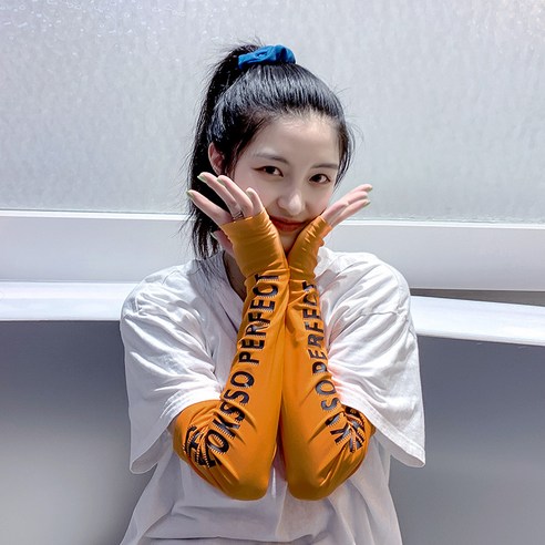 DFMEI 여름 쿨링 슬리브 선블럭 팔토시 남소매 레터링 아이스 아이스 글러브롱기장, DFMEI 귤색