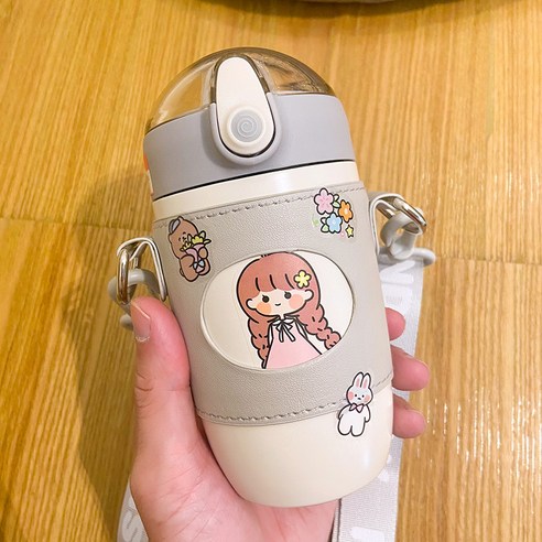 귀엽다 만화 316 스테인리스강 보온컵 휴대용 컵 커버 멜빵 여학생 컵, 회색/회색, 300ML