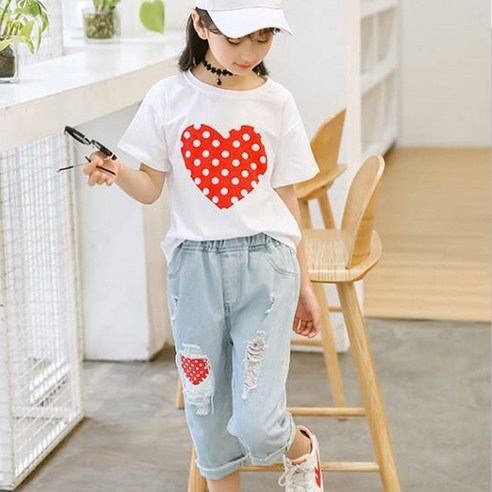 베비포 러블리 하트 편칭 데님 상하세트 1897 150호, 사이즈, 화이트, 색상 섬네일