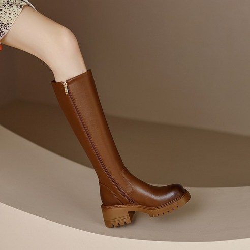 라오농 빈티지 부츠 여성 하이힐 기사화 갈색 영륜풍 굵은 굽 벨벳 가죽 무릎 부츠+KIE10X