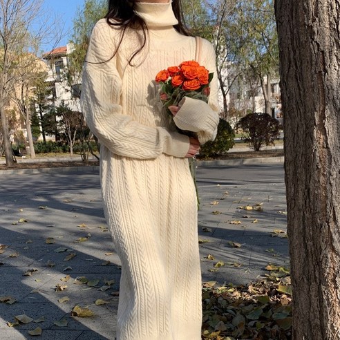 【TOW】홍콩 스타일 레트로 터틀넥 니트 드레스 여성 가을 겨울 새로운 한국어 스타일 느슨한 기본 스웨터 미디 드레스