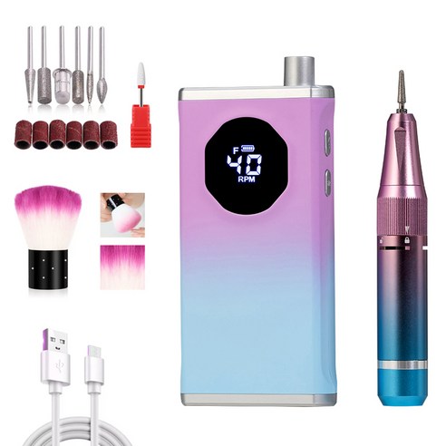 KUKEE [국내발송] 네일드릴기 전동 네일 머신 손톱 관리기 무소음 0-40000rpm 속도 조절 홈케어 젤네일드릴 전문 폴리셔, 1개, 퍼플