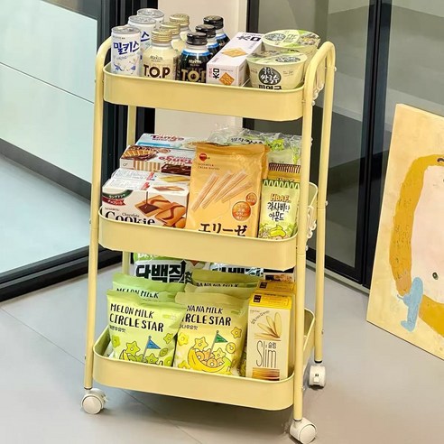 이동식 트롤리 튼튼한 선반 철제 이동식 틈새 선반 수납장 냉장고 틈새수납장, 엘로우, 3단