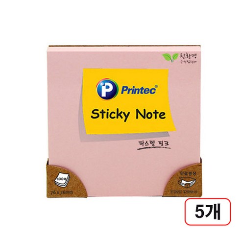 프린텍)스티키노트 파스텔(76x76mm/100매), 5개, 핑크(7676P)