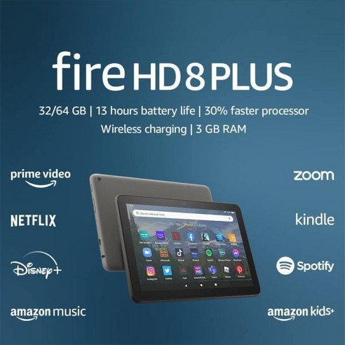 Fire HD 8 Plus 태블릿 8” 디스플레이 32 GB 30% faster processor 3GB RAM 무선충전 (2022 release) 그레이, Lockscreen Ad-Supported_Gray |