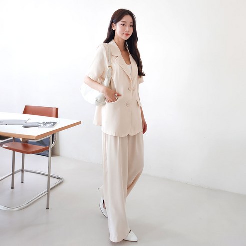 박시핏 여자 세미 정장 셋업 자켓 바지 투피스 세트 카라넥 [루이]