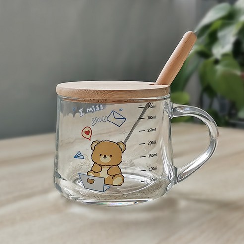 유리컵 빨대 우유 아침컵 귀엽다 만화 눈금 컵 덮개 숟가락 선물 글씨, 301-400ml, 380ml 곰 + 대나무 덮개 + 나무 주걱