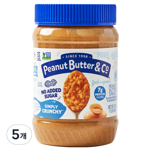 피넛버터앤코 무가당 설탕 무첨가 심플리 크런치, 5개, 454g