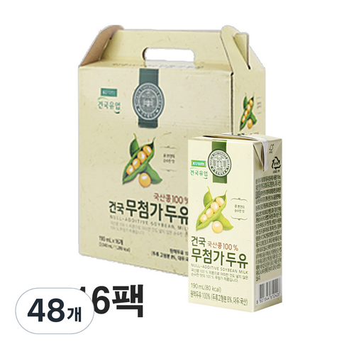 건국무첨가두유 국산콩 100% 콩물원액두유 우리콩본연의 순수한맛 무가당 무설탕 저지방 고단백, 190ml, 48개