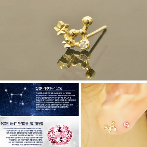 14K Gold 천칭자리&투어멀린 10월 탄생석 별자리 귀걸이