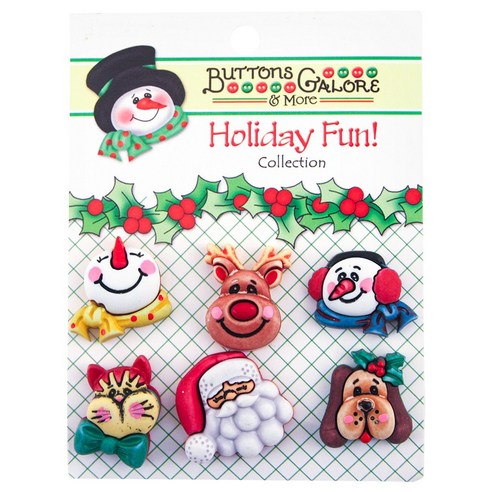 버튼갤로어 홀리데이 펀 3D 버튼 단추, Santa & Friends, 6개입