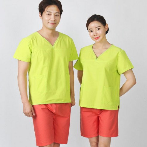 웰컴가운 SY05 사우나 가운 찜질복 상하의 태국마사지 피부관리 남녀공용, SY05_연두다홍_S, 1세트