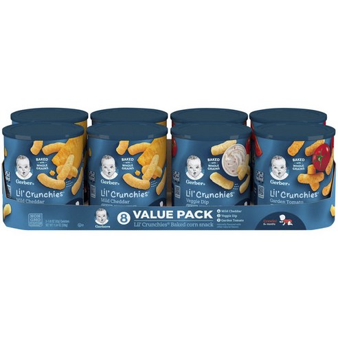 거버 릴 크런키 베이크드 콘 스낵 어린이곡물과자 42g, 마일드 체다(Mild Cheddar), 베지 딥(Veggie Dip), 가든 토마토(Garden Tomato), 1세트