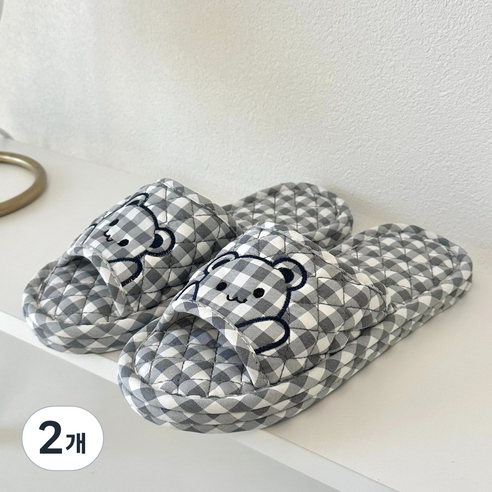 [제이드슈] 3중 쿠션 면 슬리퍼 거실화 사무실 층간소음방지 미끄럼방지 실내화 학교 학생 유치원 어린이집 세탁가능, 2개, 곰돌이 네이비 (남)