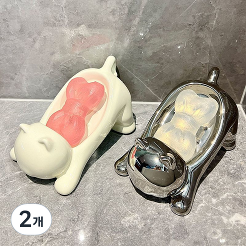 고양이 캐릭터 세라믹 비누 받침대, 2개, 화이트