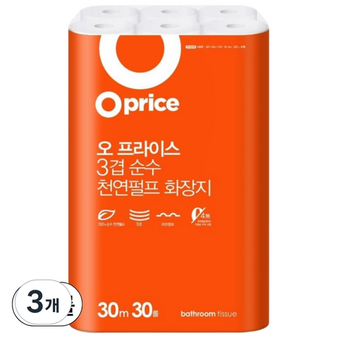 오프라이스 3겹 천연펄프 화장지 30롤 30m 대용량 두루마리 화장지, 30m, 30롤, 3개