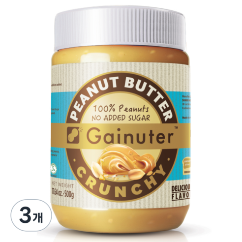 제이넛터 무가당 100% 땅콩버터 크런치, 3개, 500g