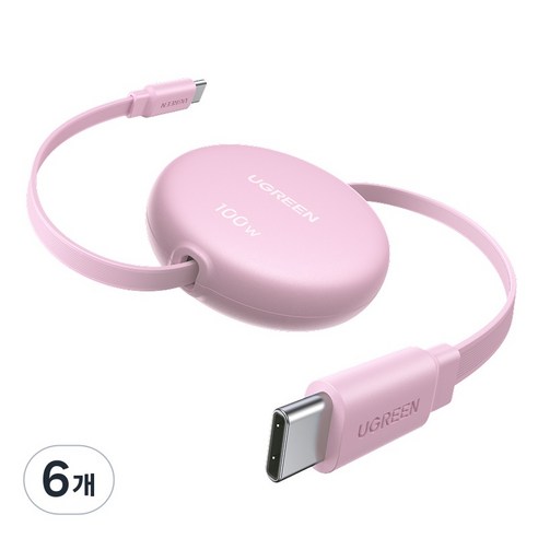 UGREEN 유그린 PD3.0 100W C타입 고속 충전 릴케이블 자동감김 릴 케이블 맥북 아이패드 아이폰 삼성 샤오미 호환, 6개, Pink, 100cm