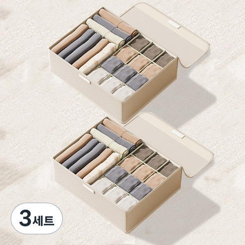 레디박스 프리미엄 커버형 칸막이 속옷 정리함 2개세트, 중형, 베이지, 3세트
