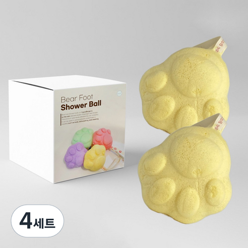 조은디 곰발바닥 샤워볼 퍼프 바디 세안볼, 4세트, 2개입, 옐로우