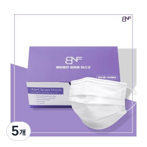 BNF 에어클린 대형 일회용 덴탈마스크, 화이트, 5개, 50개입