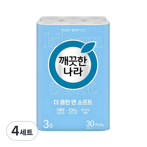 깨끗한나라 3겹 더 클린 앤 소프트 화장지, 4세트, 30개입, 30m