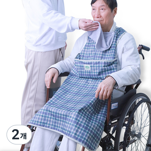 새롭진정간호 클린유니폼 방수 성인용 턱받이 조절 가능한 냅킨 포함, 2개, 녹색 격자 70x100cm