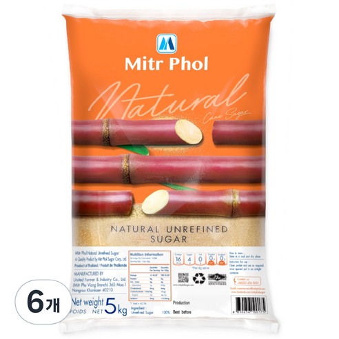 에이파크 원당 비정제원당 비정제설탕 Mitr Phol, 6개, 5kg