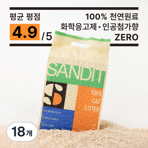 샌딧 고양이 두부모래 1.5mm 프리미엄 나노입자, 18개, 10L, 무향